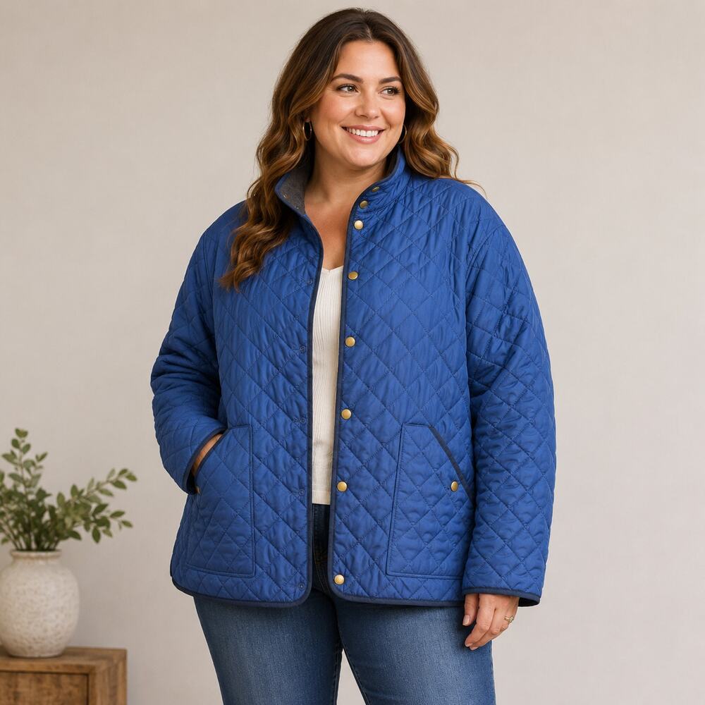 Vtg Lands' End Women XL 18 Navy Primaloft Quilted Barn Jacket Corduroy Collar